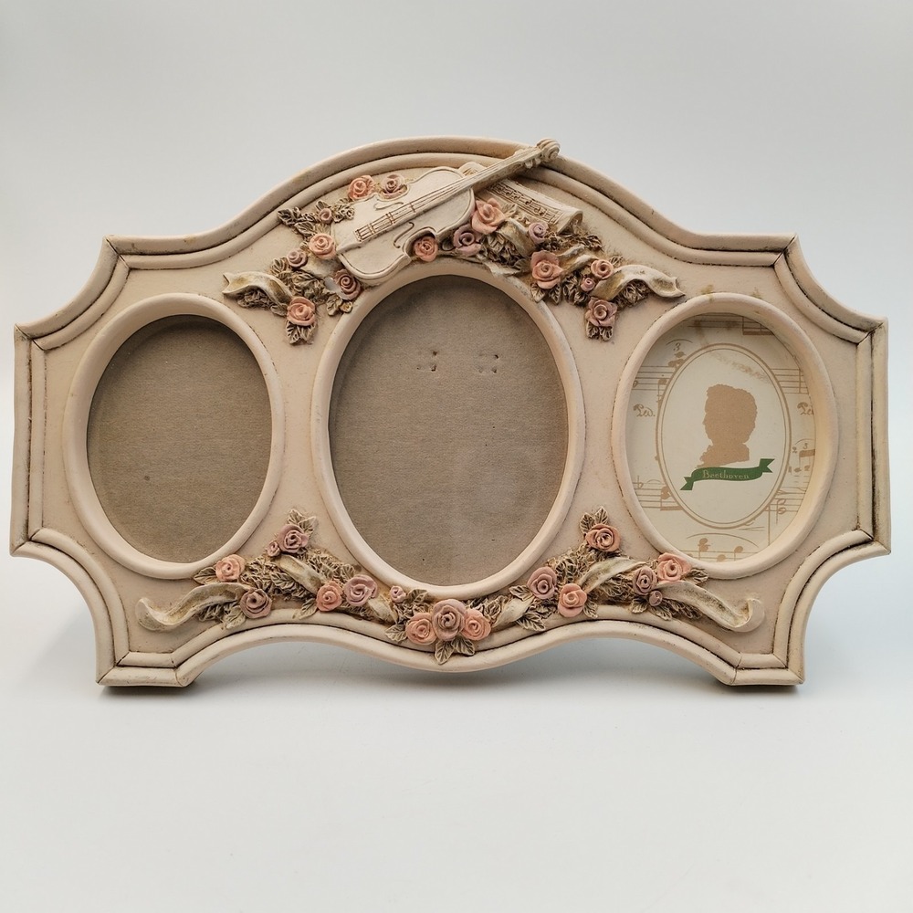 VTG 1996 Figi Graphics‎ Music Lover 3D Resin Frame Violin Roses Triple Oval 9.5"
